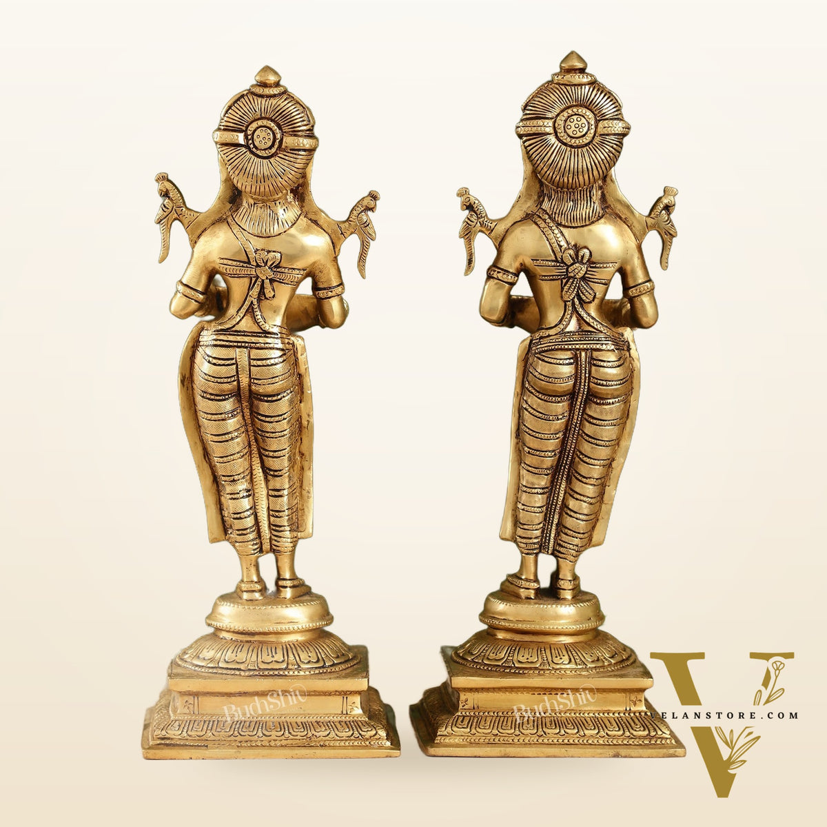 Pair of Brass Deep Lakshmi Statues with Diyas | Handcrafted Lady Statues 14"