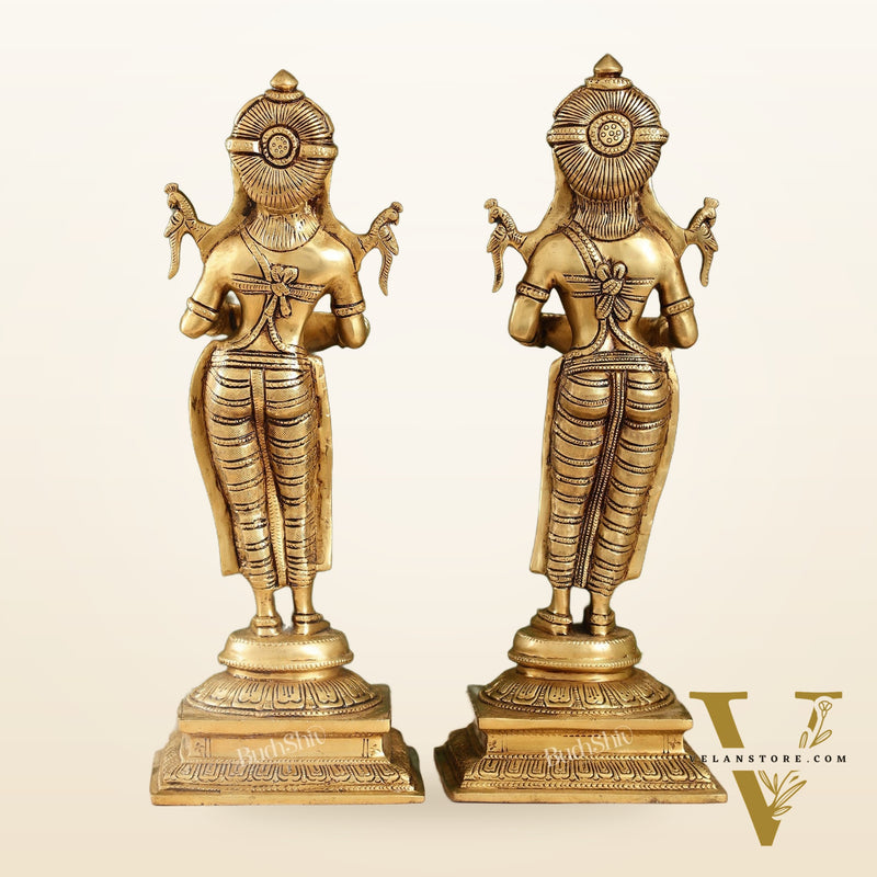Pair of Brass Deep Lakshmi Statues with Diyas | Handcrafted Lady Statues 14"