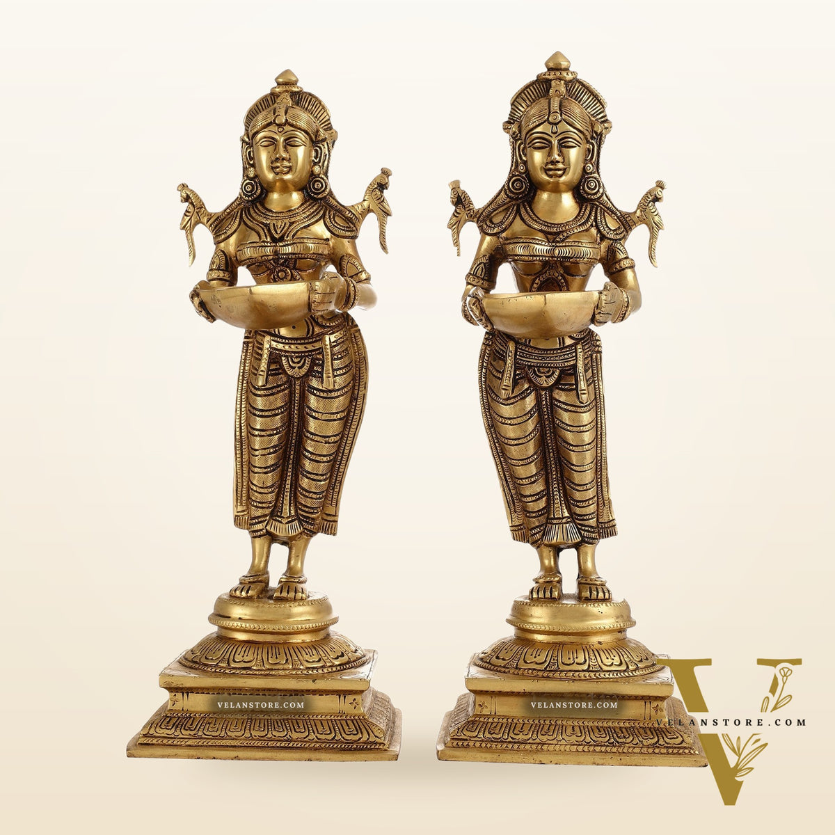 Pair of Brass Deep Lakshmi Statues with Diyas | Handcrafted Lady Statues 14"