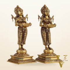 Pair of Brass Deep Lakshmi Statues with Diyas | Handcrafted Lady Statues 14"