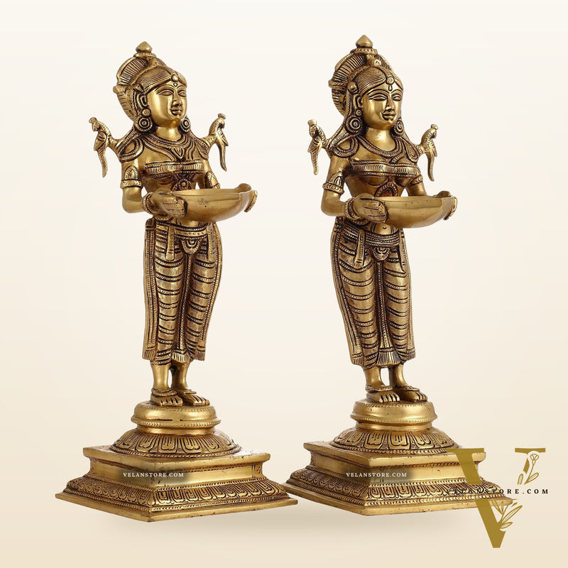 Pair of Brass Deep Lakshmi Statues with Diyas | Handcrafted Lady Statues 14"