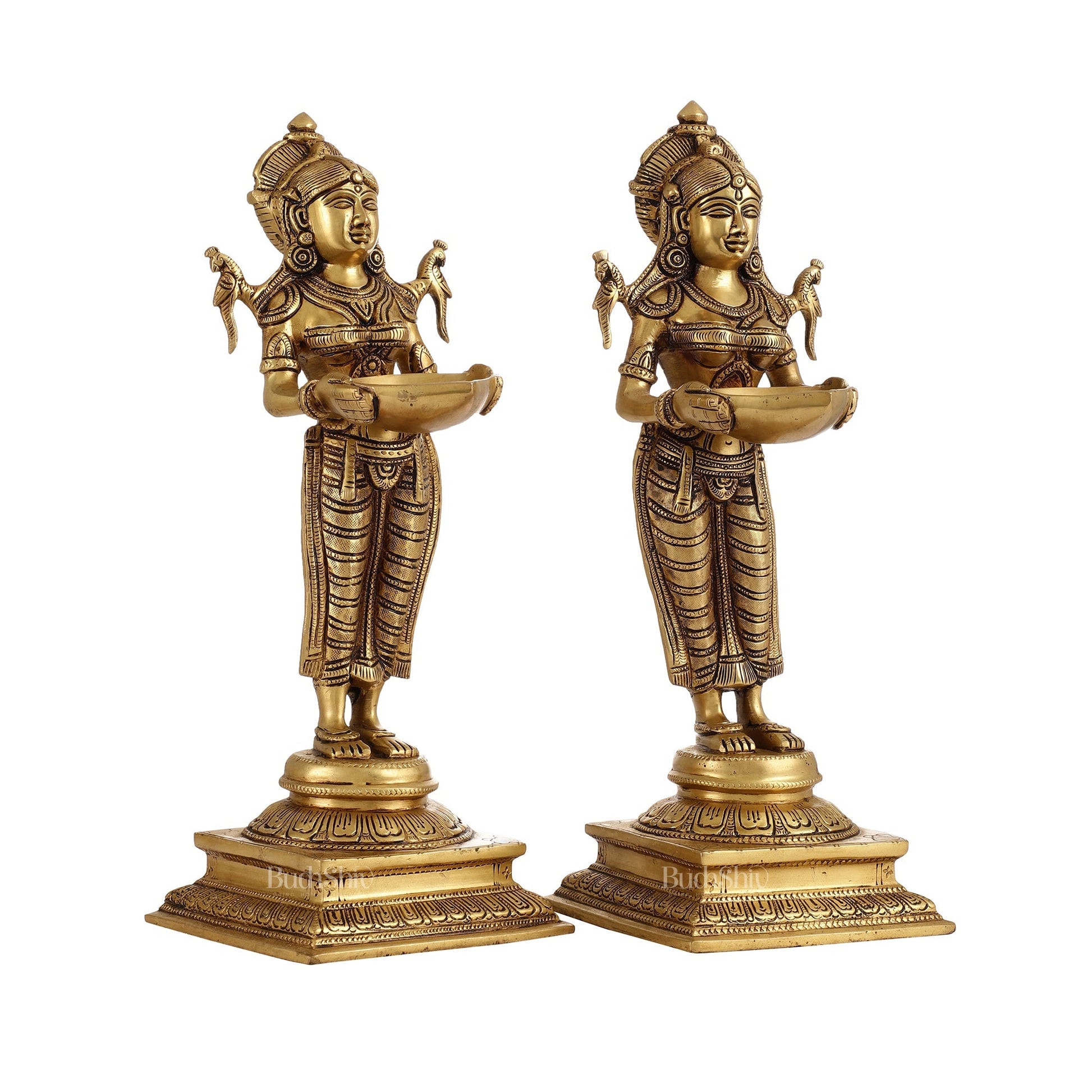 Pair of Brass Deep Lakshmi Statues with Diyas | Handcrafted Lady Statues 14"