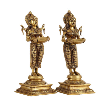Pair of Brass Deep Lakshmi Statues with Diyas | Handcrafted Lady Statues 14"