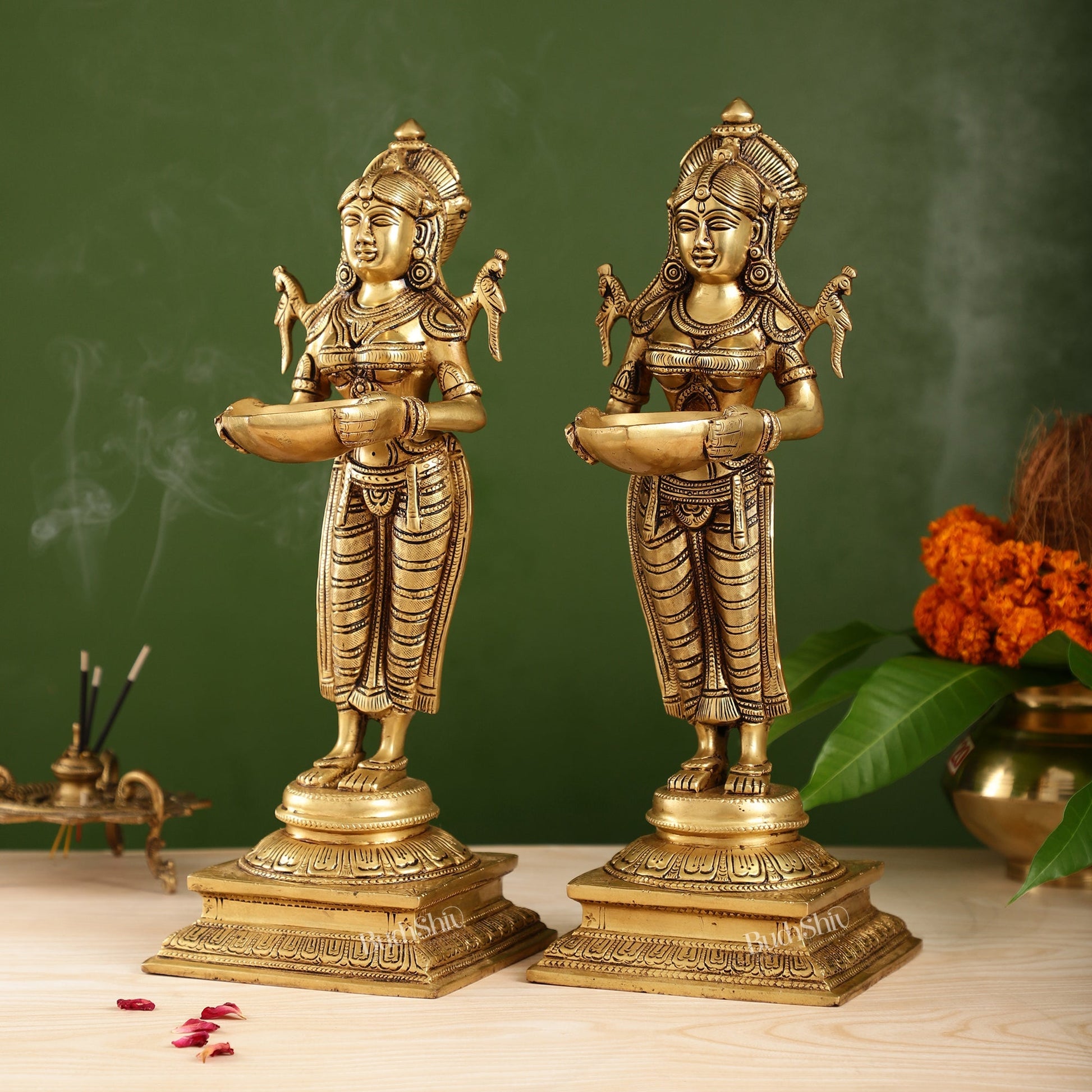 Pair of Brass Deep Lakshmi Statues with Diyas | Handcrafted Lady Statues 14"
