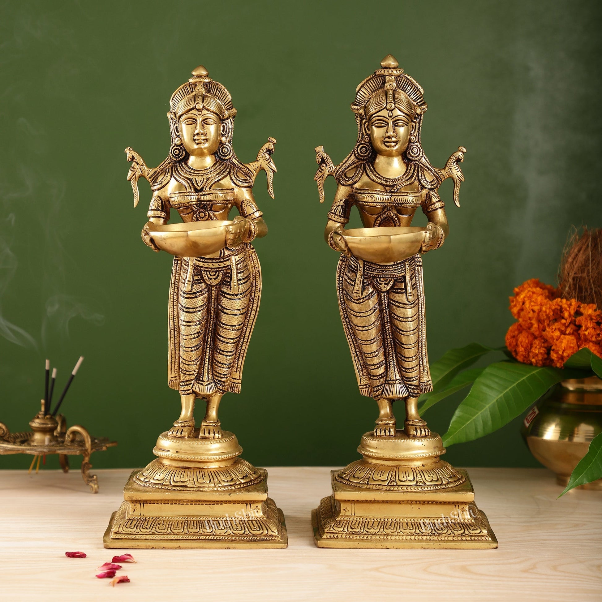 Pair of Brass Deep Lakshmi Statues with Diyas | Handcrafted Lady Statues 14"