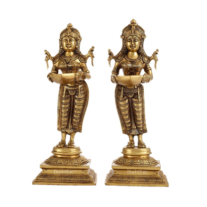 Pair of Brass Deep Lakshmi Statues with Diyas | Handcrafted Lady Statues 14"