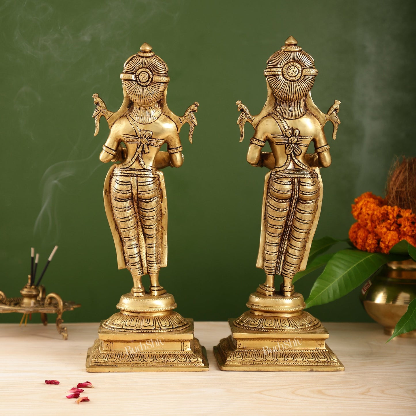 Pair of Brass Deep Lakshmi Statues with Diyas | Handcrafted Lady Statues 14"