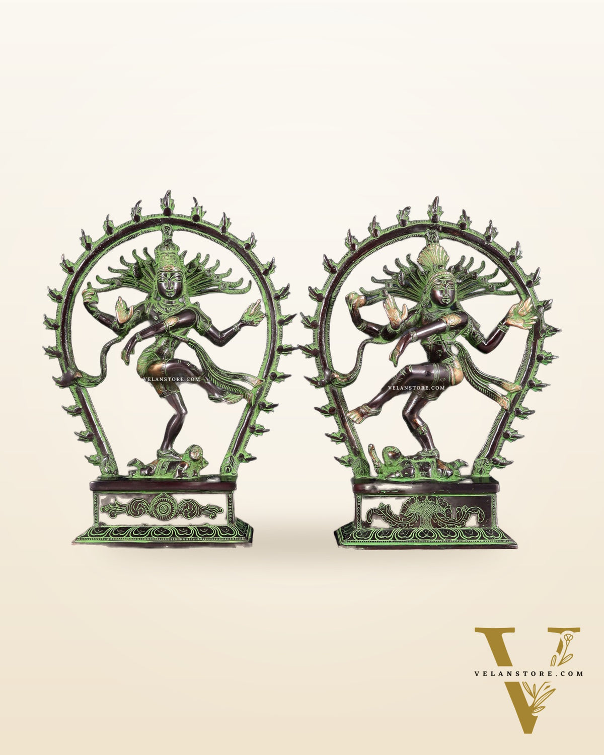 Pair of Brass Nataraja Statues – Black & Green Patina Tone (Mirror Image Set) 12"