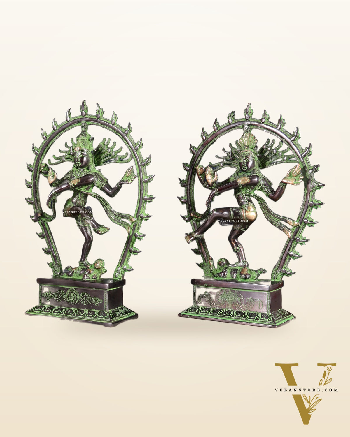 Pair of Brass Nataraja Statues – Black & Green Patina Tone (Mirror Image Set) 12"