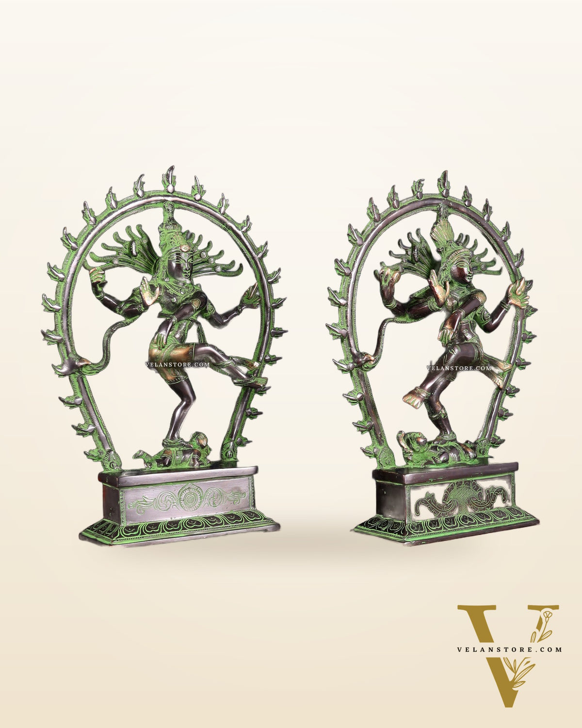 Pair of Brass Nataraja Statues – Black & Green Patina Tone (Mirror Image Set) 12"
