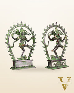 Pair of Brass Nataraja Statues – Black & Green Patina Tone (Mirror Image Set) 12"