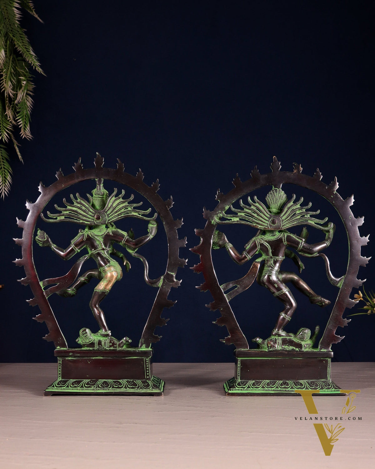 Pair of Brass Nataraja Statues – Black & Green Patina Tone (Mirror Image Set) 12"