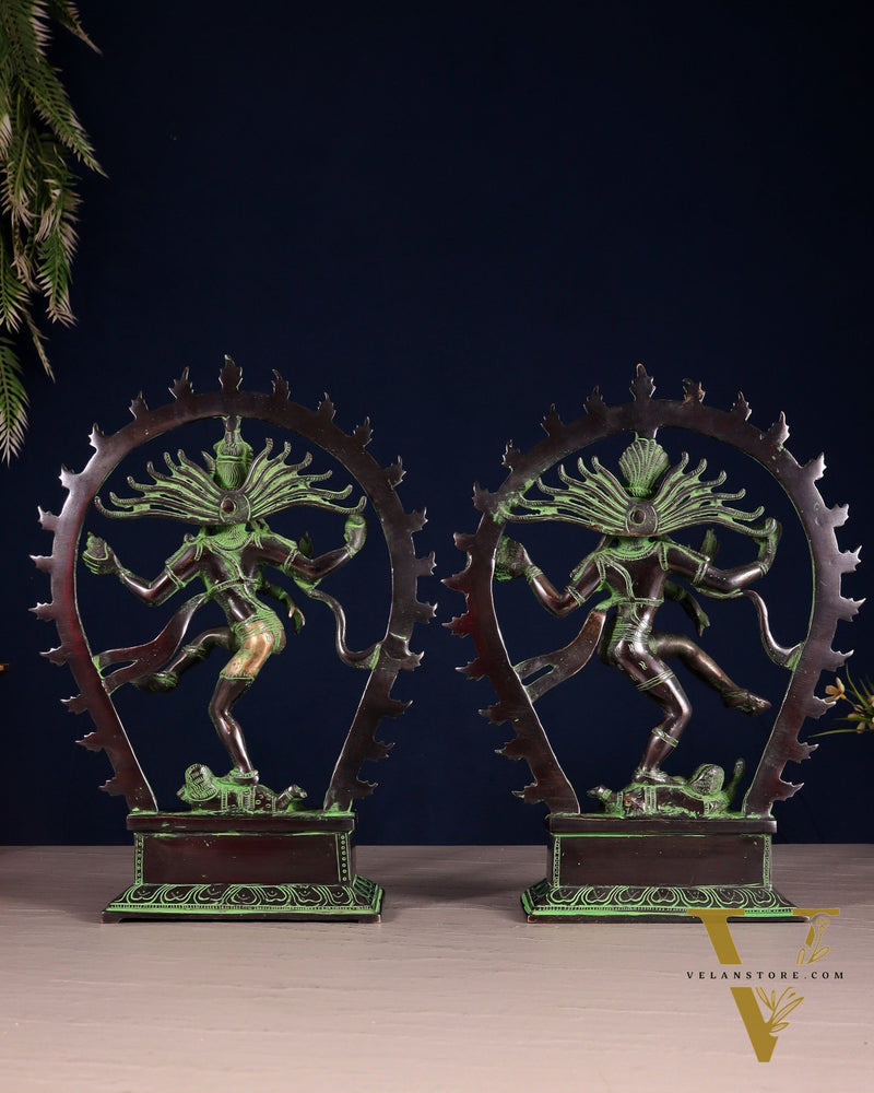 Pair of Brass Nataraja Statues – Black & Green Patina Tone (Mirror Image Set) 12"