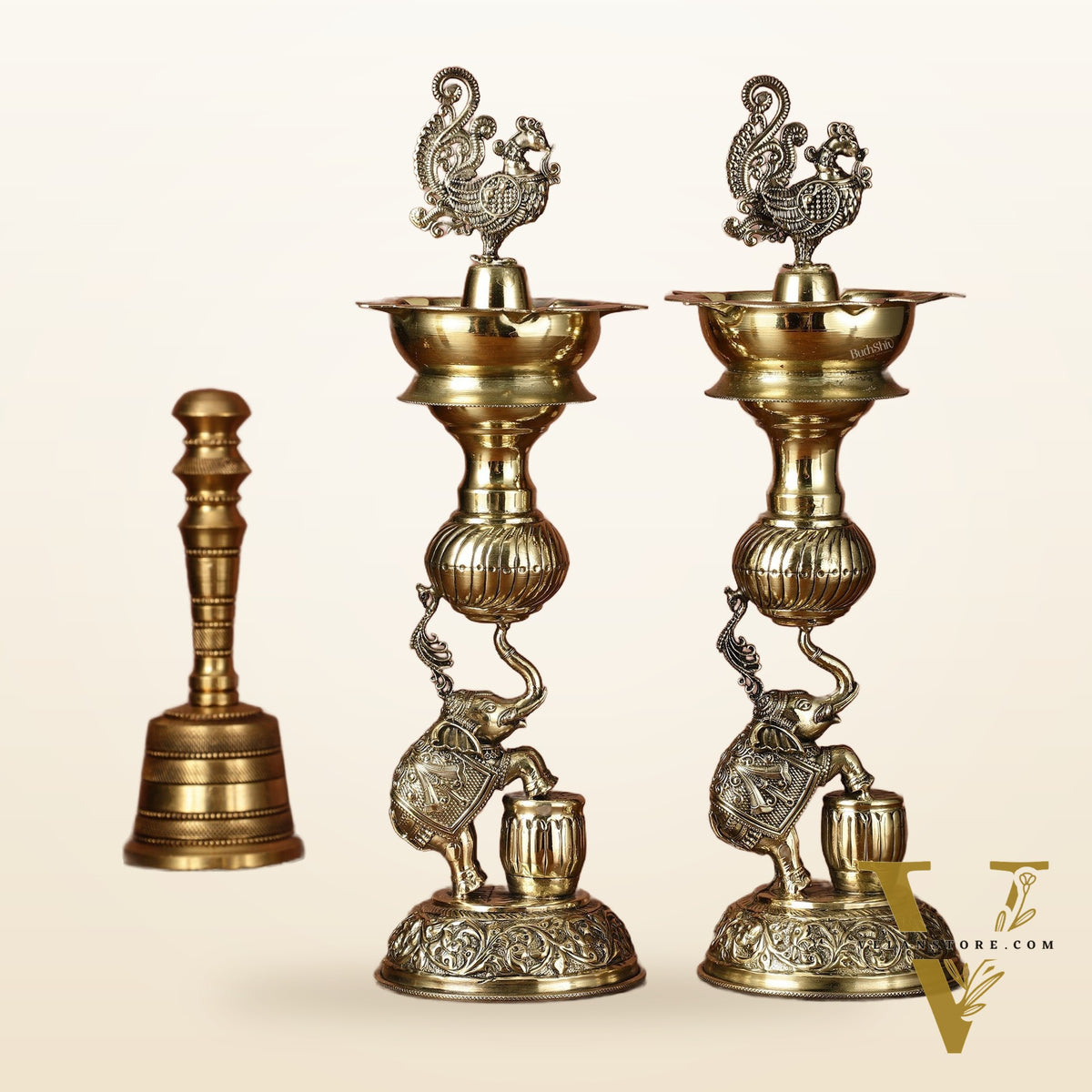 Pair of Brass Superfine Jumping Elephant Peacock Lamps - Intricately Handcrafted - 11.5" Tall