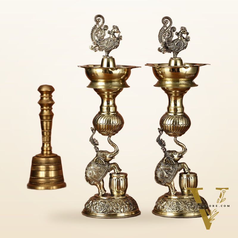 Pair of Brass Superfine Jumping Elephant Peacock Lamps - Intricately Handcrafted - 11.5" Tall