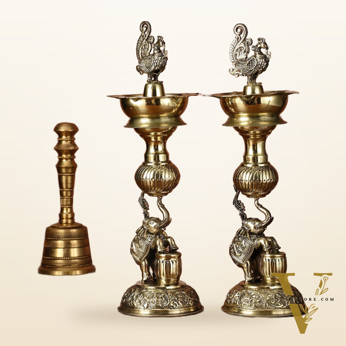 Pair of Brass Superfine Jumping Elephant Peacock Lamps - Intricately Handcrafted - 11.5" Tall