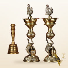 Pair of Brass Superfine Jumping Elephant Peacock Lamps - Intricately Handcrafted - 11.5" Tall
