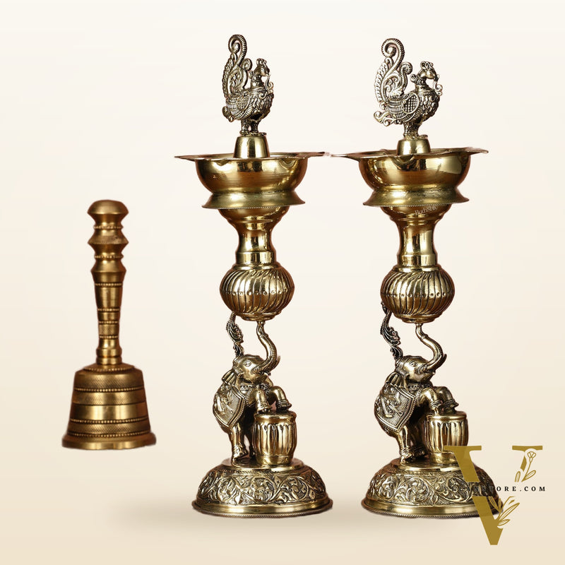 Pair of Brass Superfine Jumping Elephant Peacock Lamps - Intricately Handcrafted - 11.5" Tall
