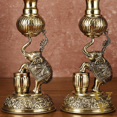 Pair of Brass Superfine Jumping Elephant Peacock Lamps - Intricately Handcrafted - 11.5" Tall