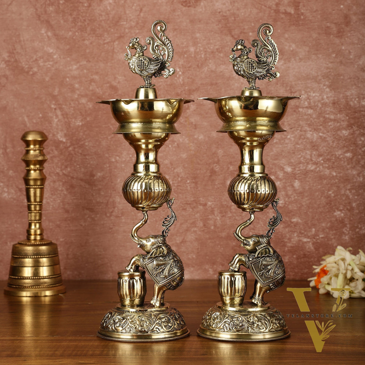 Pair of Brass Superfine Jumping Elephant Peacock Lamps - Intricately Handcrafted - 11.5" Tall