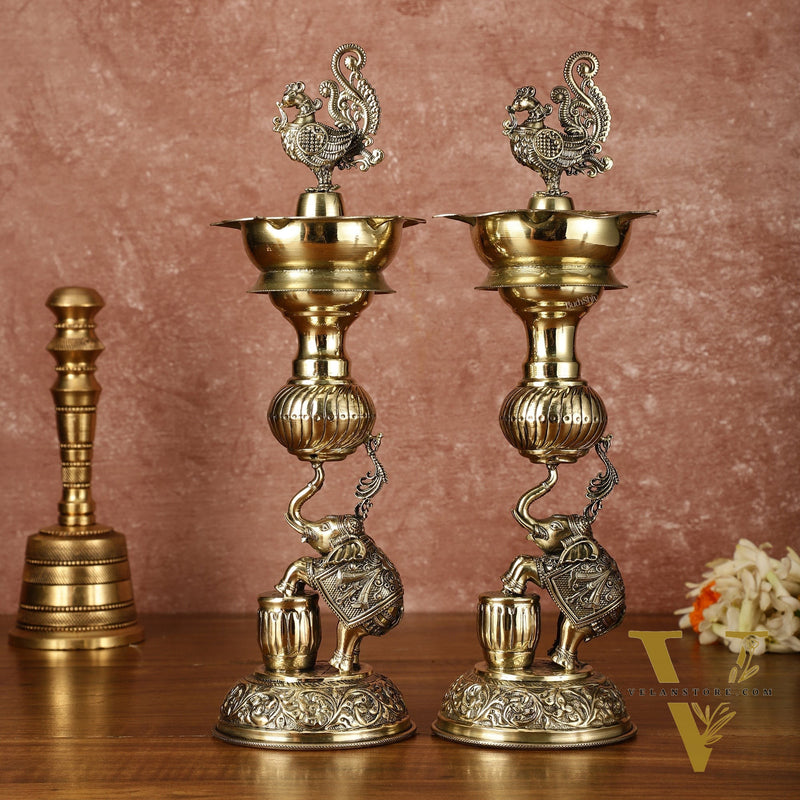 Pair of Brass Superfine Jumping Elephant Peacock Lamps - Intricately Handcrafted - 11.5" Tall