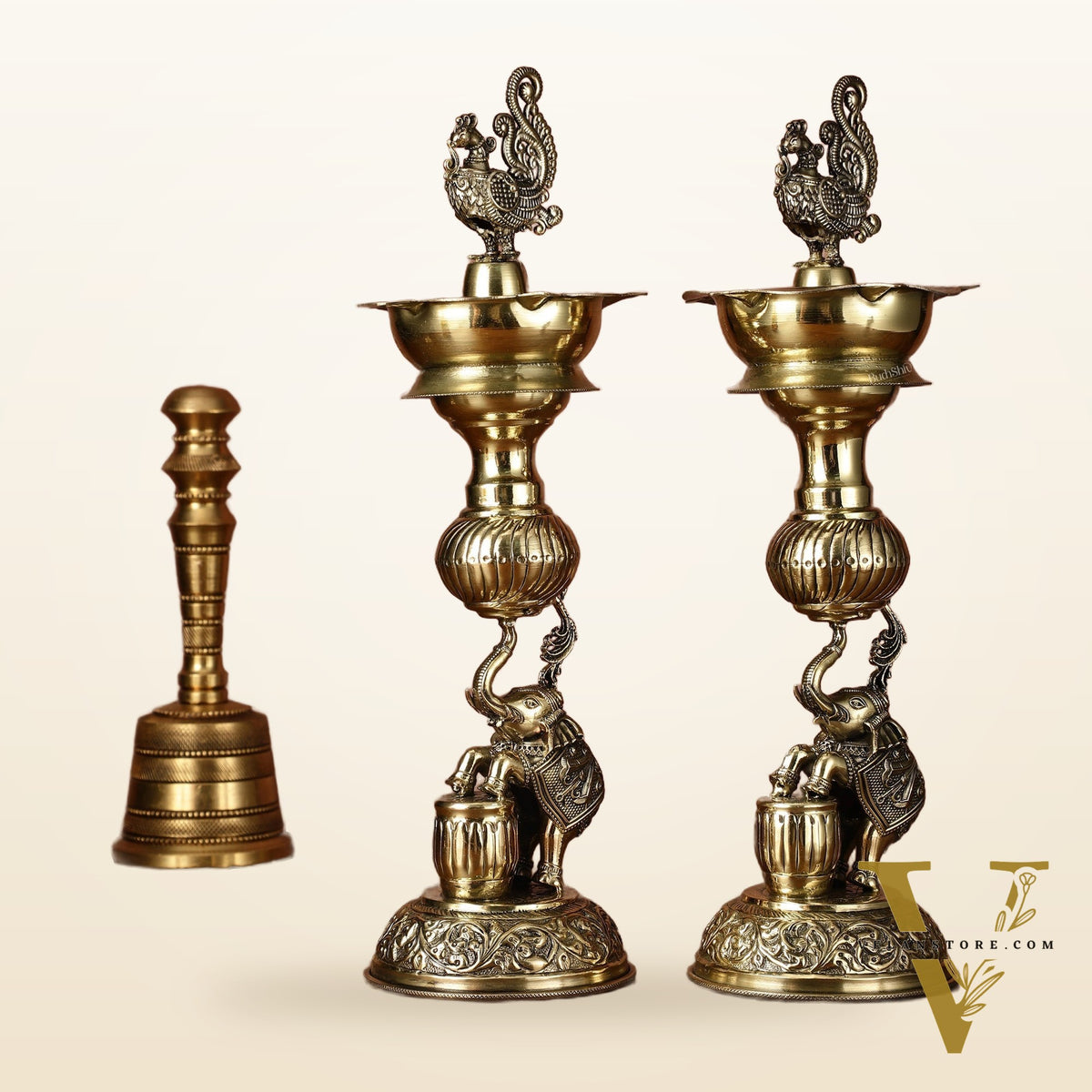Pair of Brass Superfine Jumping Elephant Peacock Lamps - Intricately Handcrafted - 11.5" Tall