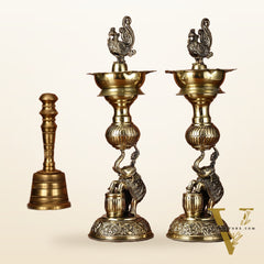 Pair of Brass Superfine Jumping Elephant Peacock Lamps - Intricately Handcrafted - 11.5" Tall