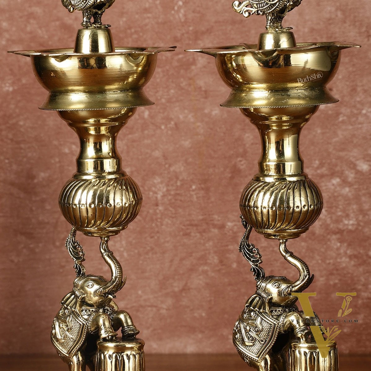 Pair of Brass Superfine Jumping Elephant Peacock Lamps - Intricately Handcrafted - 11.5" Tall