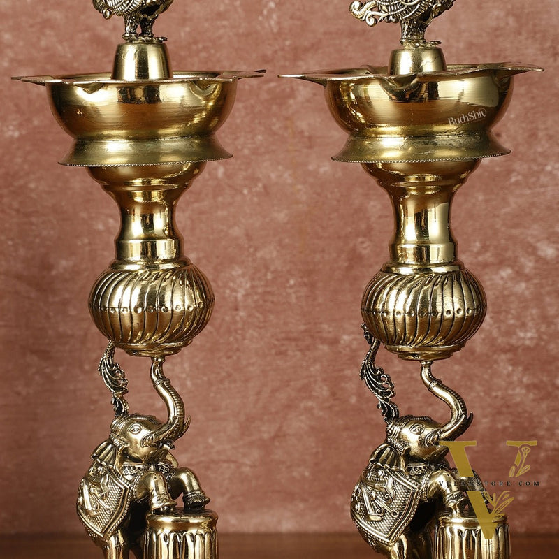 Pair of Brass Superfine Jumping Elephant Peacock Lamps - Intricately Handcrafted - 11.5" Tall