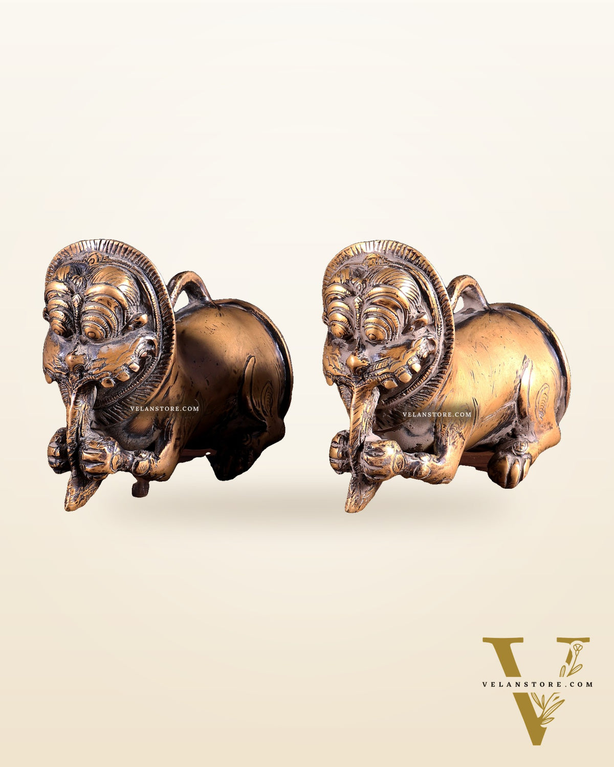 Pair of Brass Vintage Finish Palanquin Kirtimukha | Rare Temple Yali Finials
