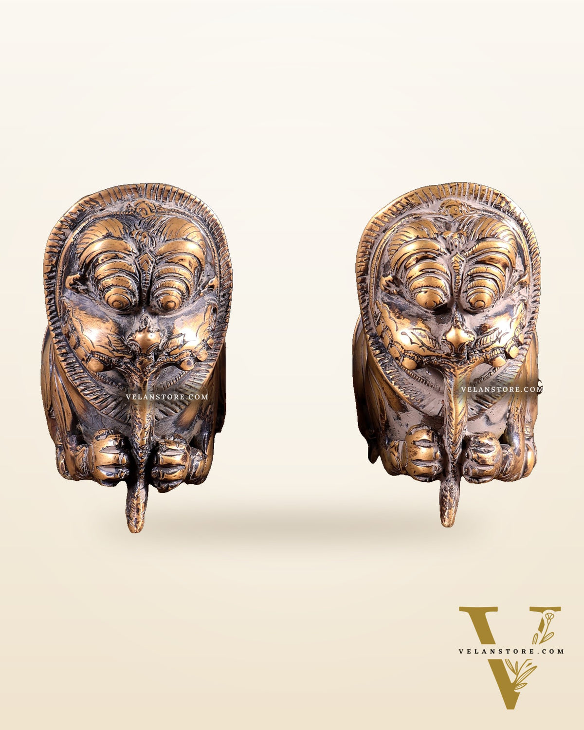 Pair of Brass Vintage Finish Palanquin Kirtimukha | Rare Temple Yali Finials