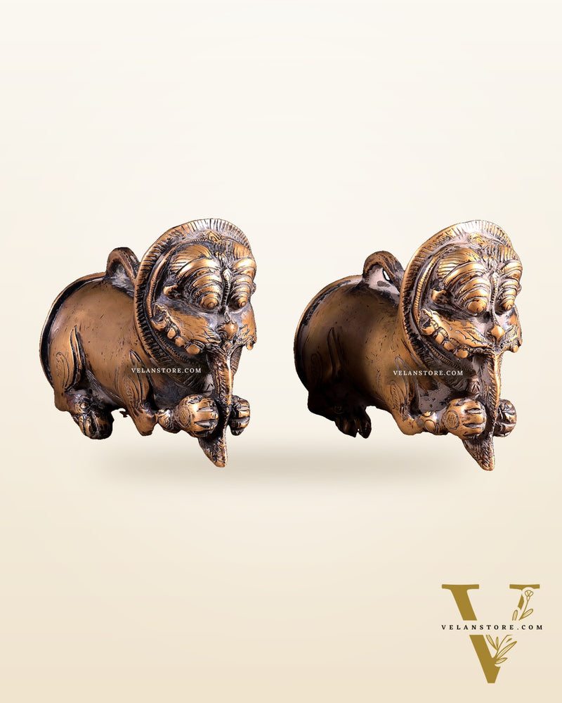 Pair of Brass Vintage Finish Palanquin Kirtimukha | Rare Temple Yali Finials