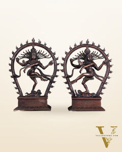Pair of Chola Style Brass Nataraja Statues – Vintage Tone (Mirror Image Set) 12"