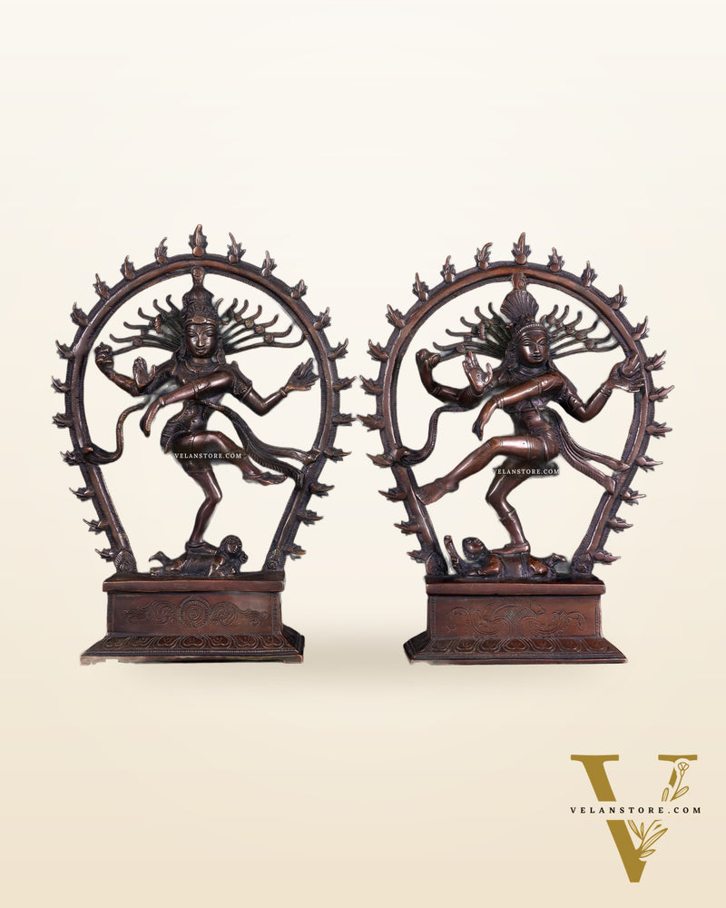 Pair of Chola Style Brass Nataraja Statues – Vintage Tone (Mirror Image Set) 12"