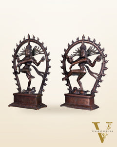 Pair of Chola Style Brass Nataraja Statues – Vintage Tone (Mirror Image Set) 12"
