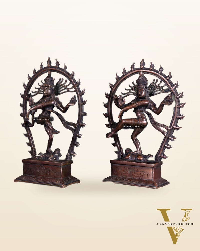 Pair of Chola Style Brass Nataraja Statues – Vintage Tone (Mirror Image Set) 12"