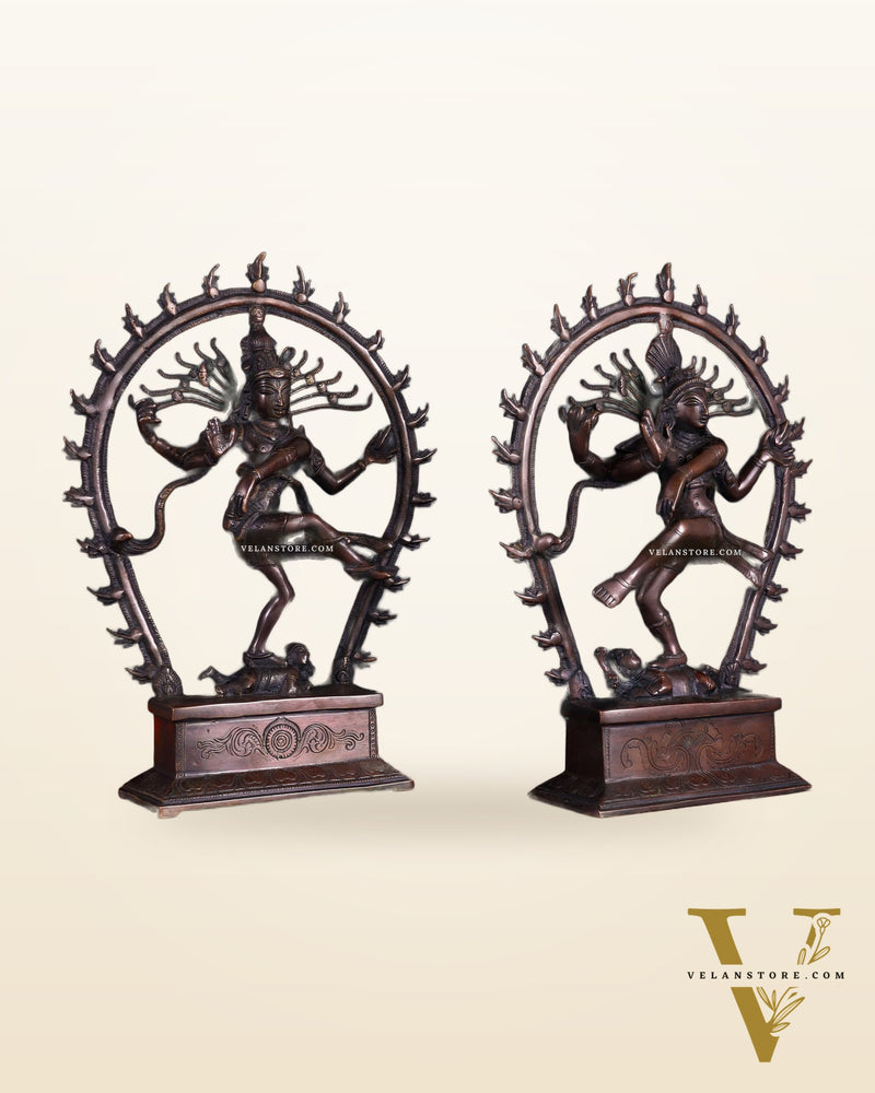 Pair of Chola Style Brass Nataraja Statues – Vintage Tone (Mirror Image Set) 12"
