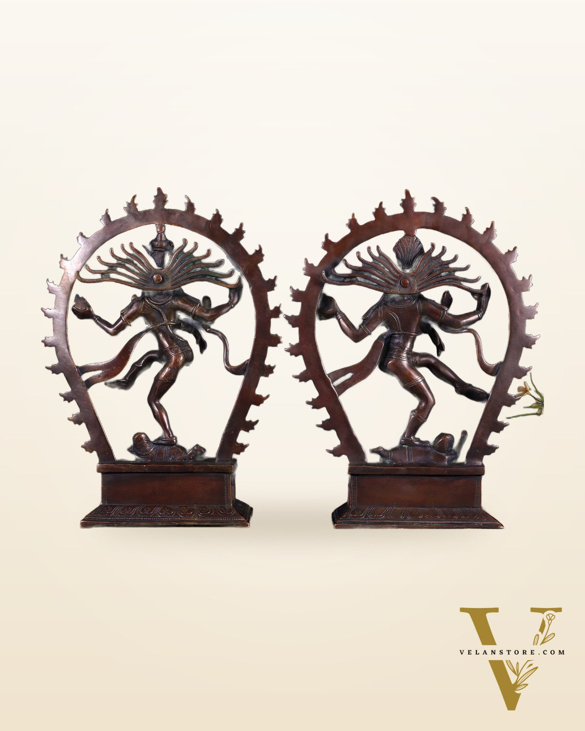 Pair of Chola Style Brass Nataraja Statues – Vintage Tone (Mirror Image Set) 12"
