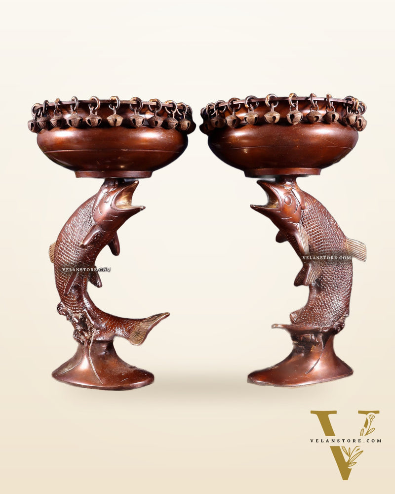 Pair of Designer Brass Jumping Dolphin Urli Bowls with Ghungroos | Festive Décor & Auspicious Gifting