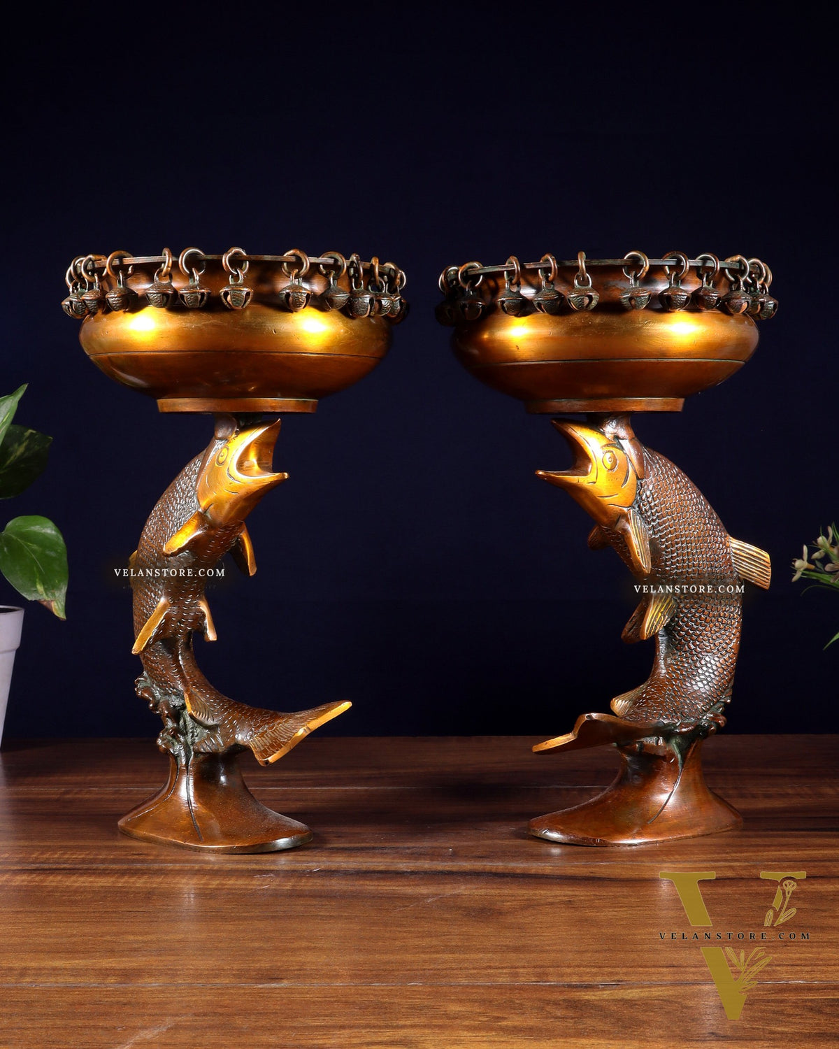 Pair of Designer Brass Jumping Dolphin Urli Bowls with Ghungroos | Festive Décor & Auspicious Gifting