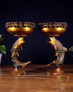 Pair of Designer Brass Jumping Dolphin Urli Bowls with Ghungroos | Festive Décor & Auspicious Gifting