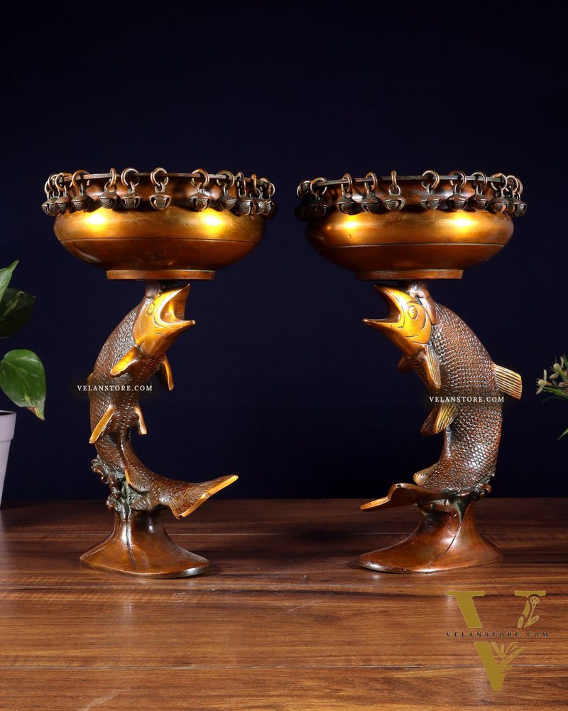Pair of Designer Brass Jumping Dolphin Urli Bowls with Ghungroos | Festive Décor & Auspicious Gifting