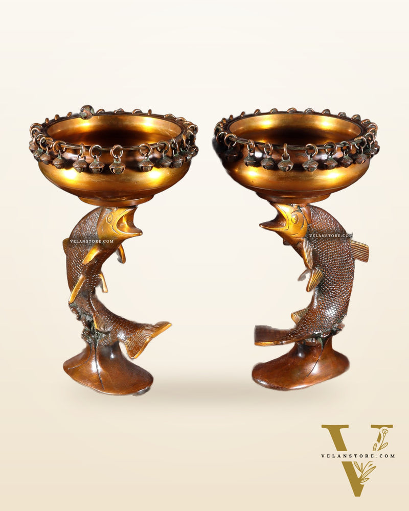 Pair of Designer Brass Jumping Dolphin Urli Bowls with Ghungroos | Festive Décor & Auspicious Gifting