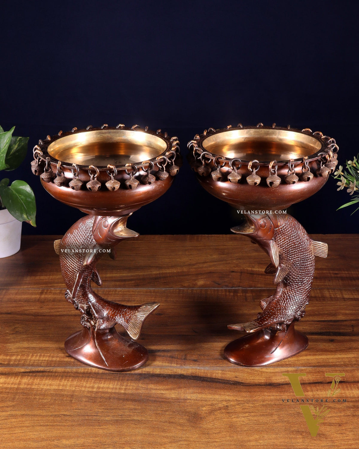 Pair of Designer Brass Jumping Dolphin Urli Bowls with Ghungroos | Festive Décor & Auspicious Gifting