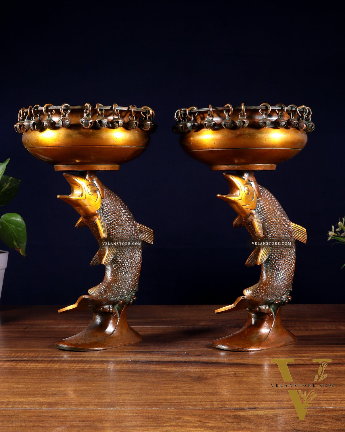 Pair of Designer Brass Jumping Dolphin Urli Bowls with Ghungroos | Festive Décor & Auspicious Gifting