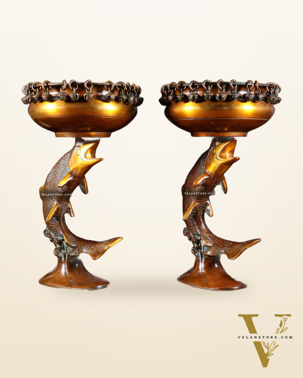 Pair of Designer Brass Jumping Dolphin Urli Bowls with Ghungroos | Festive Décor & Auspicious Gifting