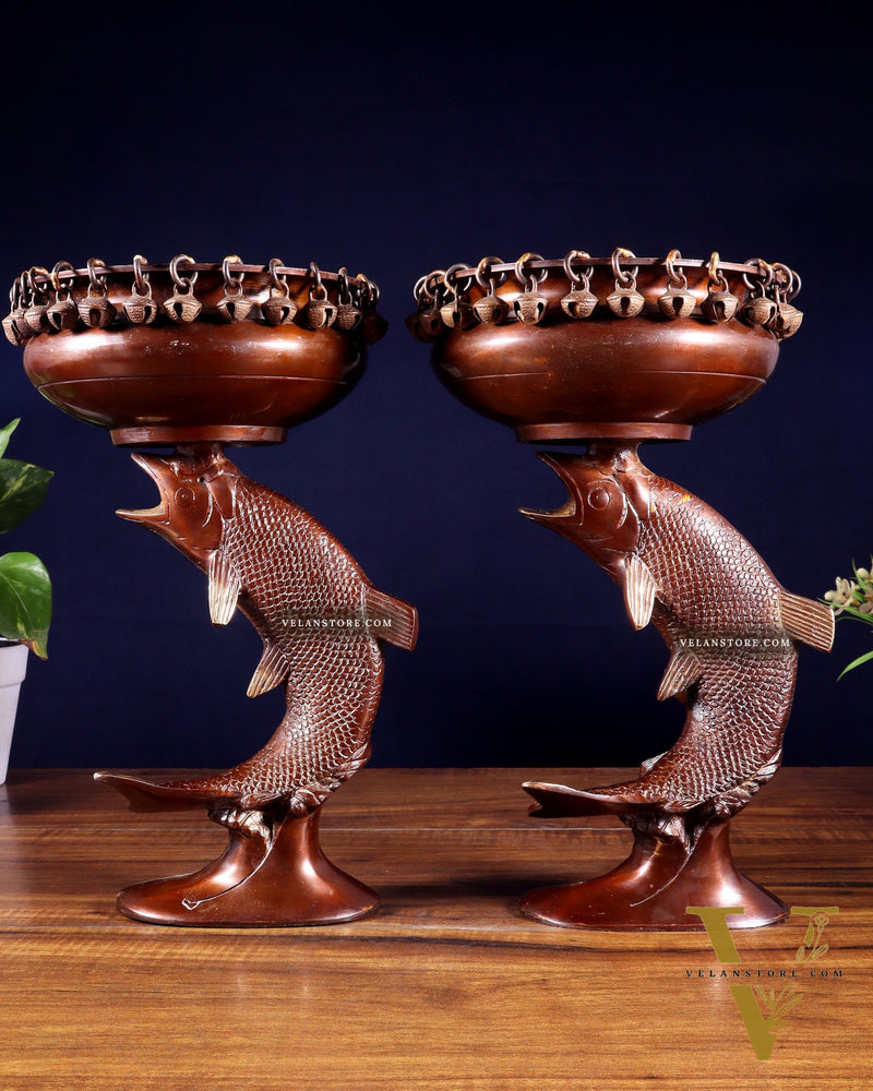 Pair of Designer Brass Jumping Dolphin Urli Bowls with Ghungroos | Festive Décor & Auspicious Gifting