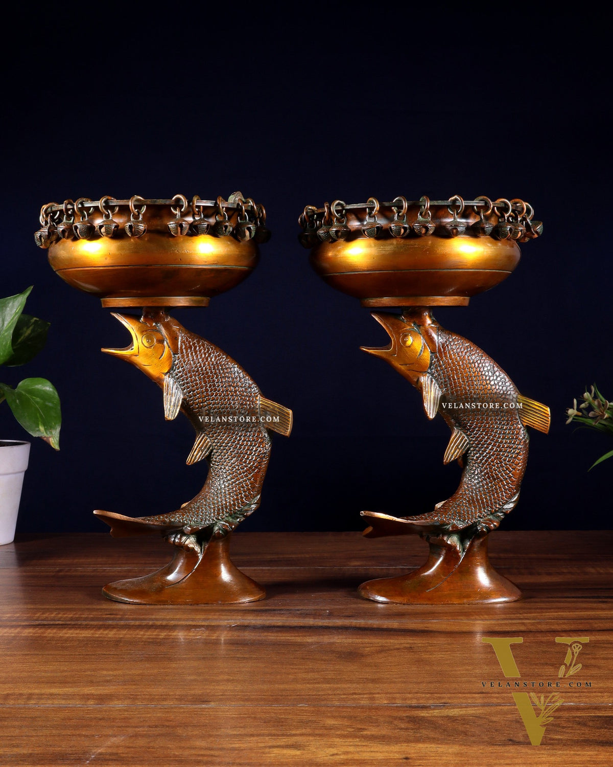 Pair of Designer Brass Jumping Dolphin Urli Bowls with Ghungroos | Festive Décor & Auspicious Gifting