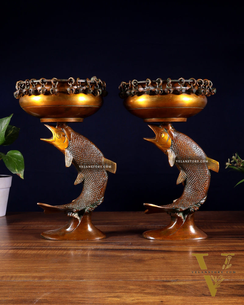 Pair of Designer Brass Jumping Dolphin Urli Bowls with Ghungroos | Festive Décor & Auspicious Gifting