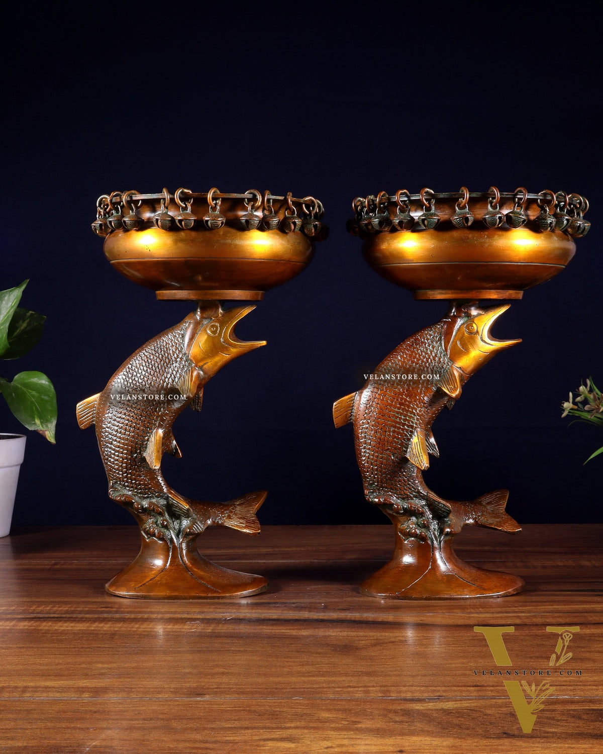 Pair of Designer Brass Jumping Dolphin Urli Bowls with Ghungroos | Festive Décor & Auspicious Gifting